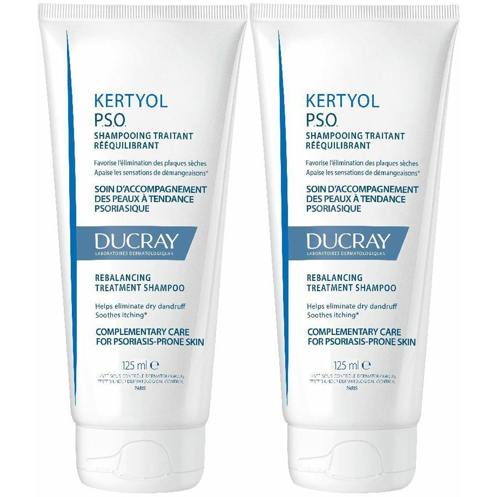 Due tubi bianchi di shampoo. Scritta: Kertyol PSO, Shampooing Traitant, Ducray. Per pelli a tendenza psoriasica.