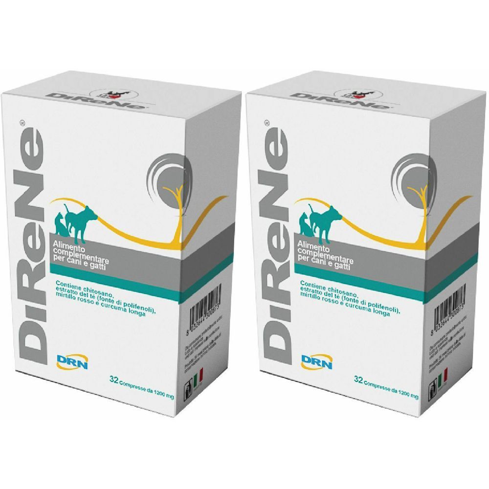 Due scatole bianche "DiReNe". Scritta per cani e gatti. 32 compresse. Marchio DRN.