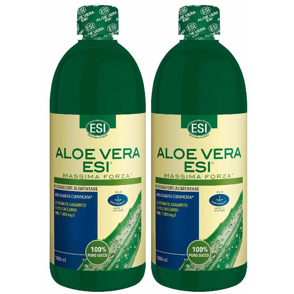 Due bottiglie verdi con etichette. Scritta: Aloe Vera ESI Massima Forza. 100% Puro Succo.