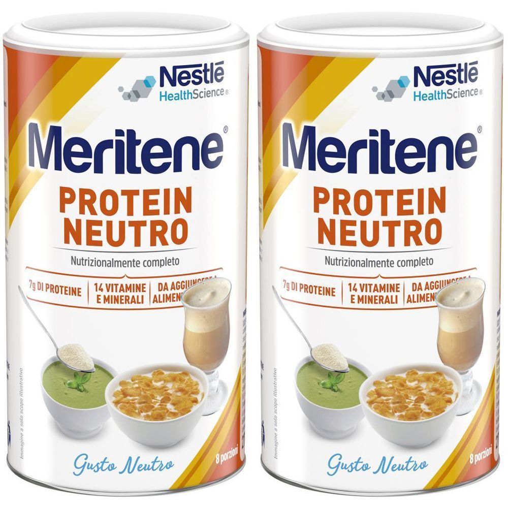 Due barattoli di Meritene Protein Neutro. Scritta: Nestle HealthScience. Immagini di cibo. Gusto: Neutro.