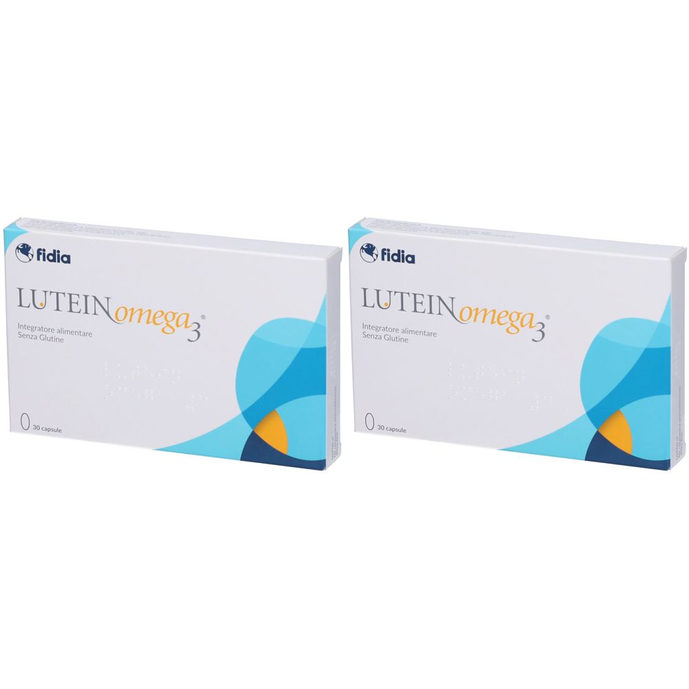 Due scatole bianche con LUTEIN omega3. Elementi di design blu e turchese. Marchio Fidia. 20 capsule.