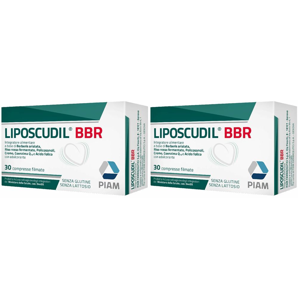 Due confezioni di Liposcudil BBR. Scritta: 30 compresse filmate, senza glutine, senza lattosio. Logo PIAM.
