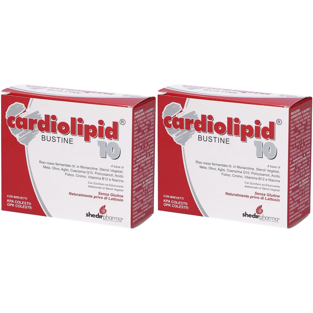 Due scatole rosse con scritta "cardiolipid 10". Testo in italiano. Marca: Shedir Pharma. Senza glutine e lattosio.