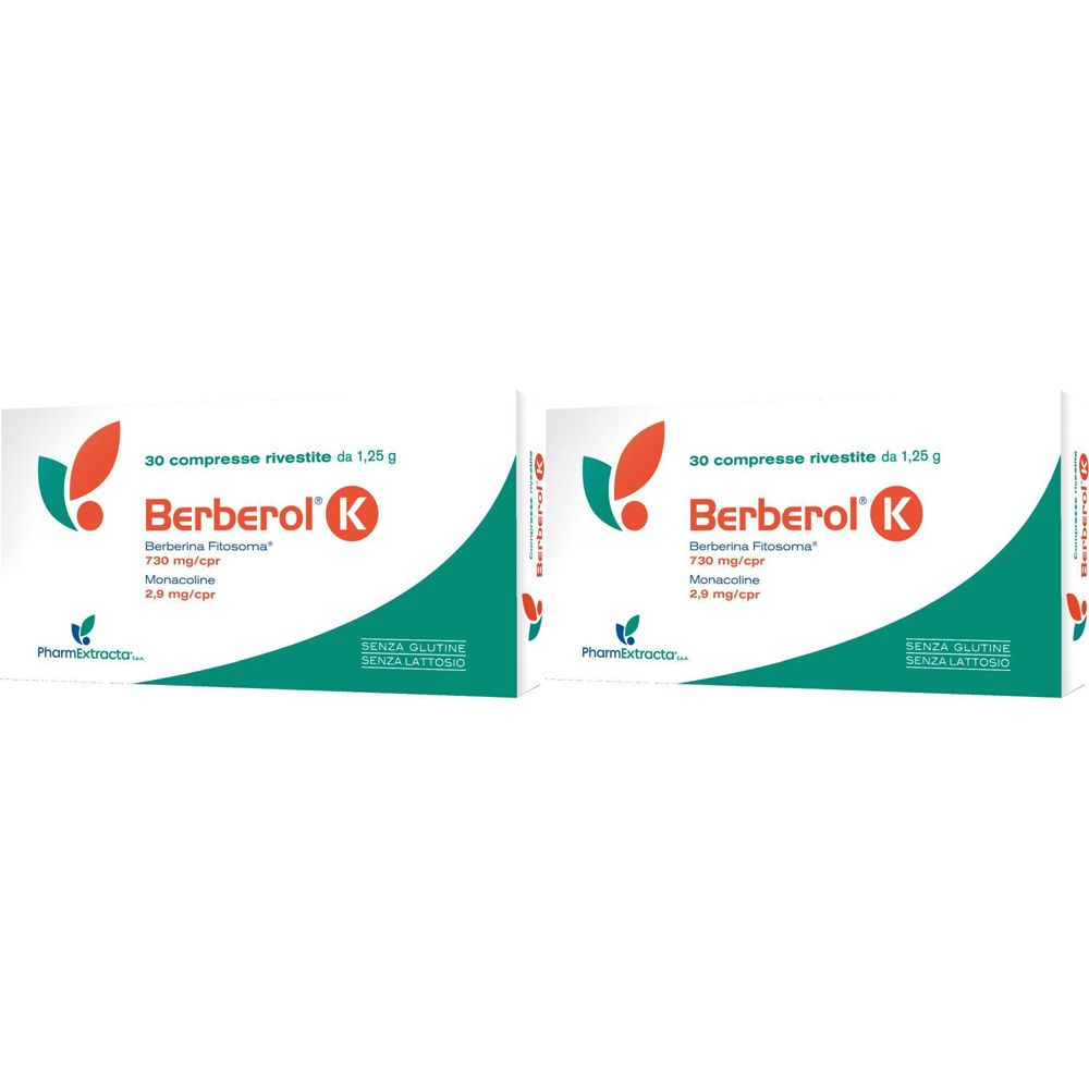 Due confezioni di Berberol K. Scritta: 30 compresse, Berberina Fitosoma, Monacolina. Senza glutine.