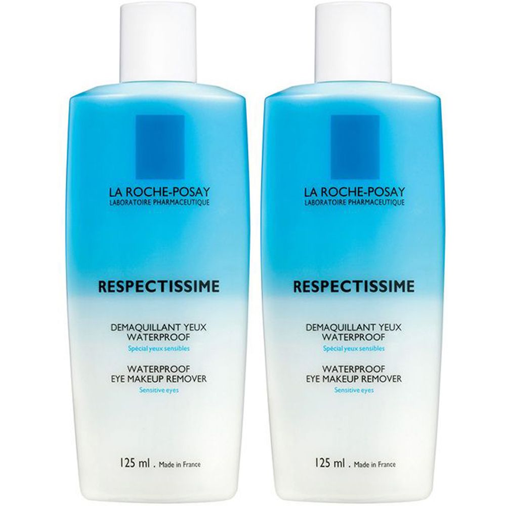 Due flaconi di struccante occhi. Design blu e bianco con testo: Respectissime, Waterproof Eye Makeup Remover.