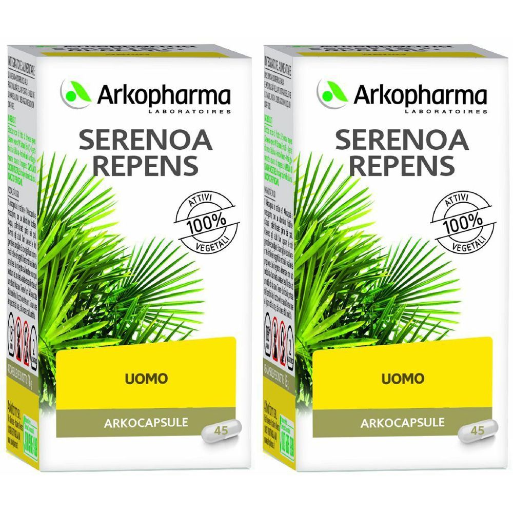 Due confezioni di Arkopharma Serenoa Repens. Scritta: Uomo, Arkocapsule, 45 capsule. Logo e testo: 100% vegetale.
