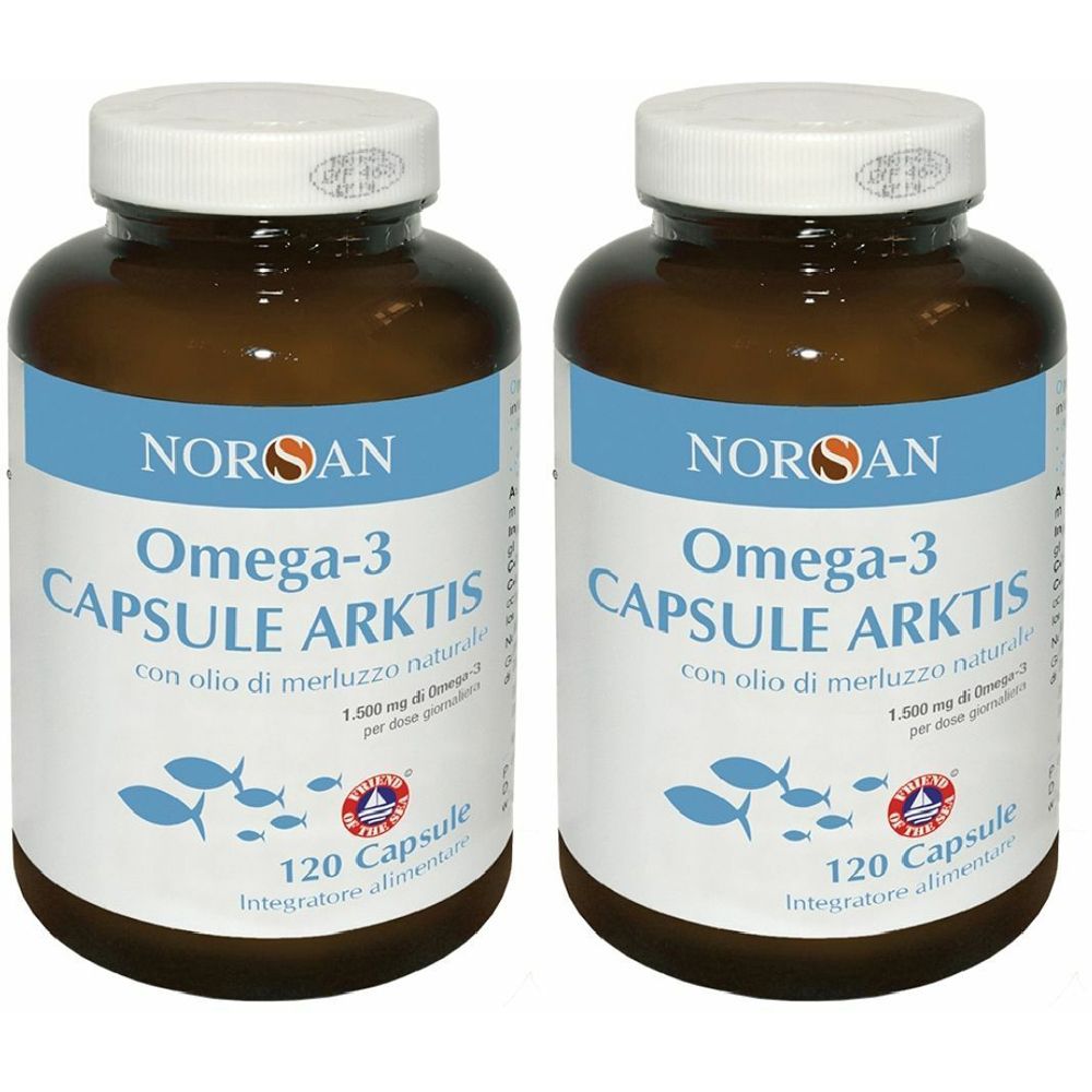 Due bottiglie marroni con tappi bianchi. Le etichette riportano "NORSAN Omega-3 CAPSULE ARKTIS". Ogni bottiglia contiene 120 capsule.