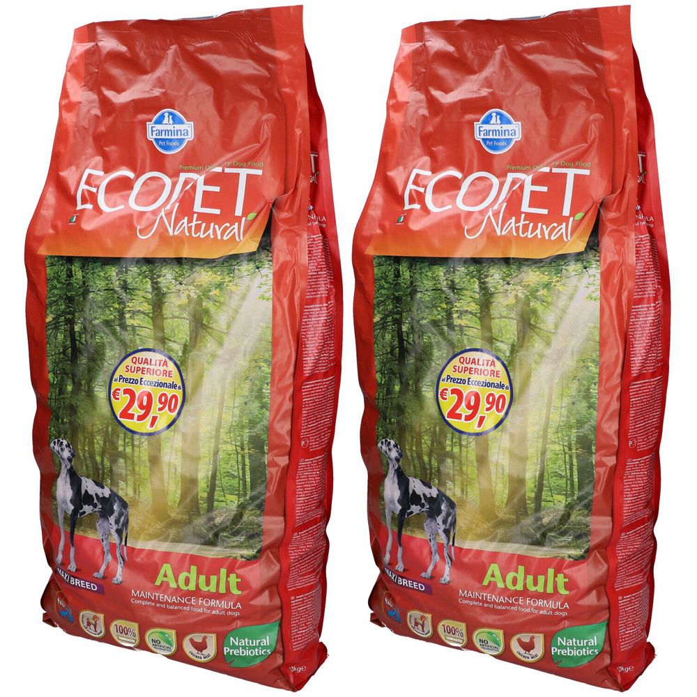 Due sacchi di cibo per animali. Scritta: Farmina ECOPET Natural Adult. Prezzo: 29,90 €. Immagine di un cane.