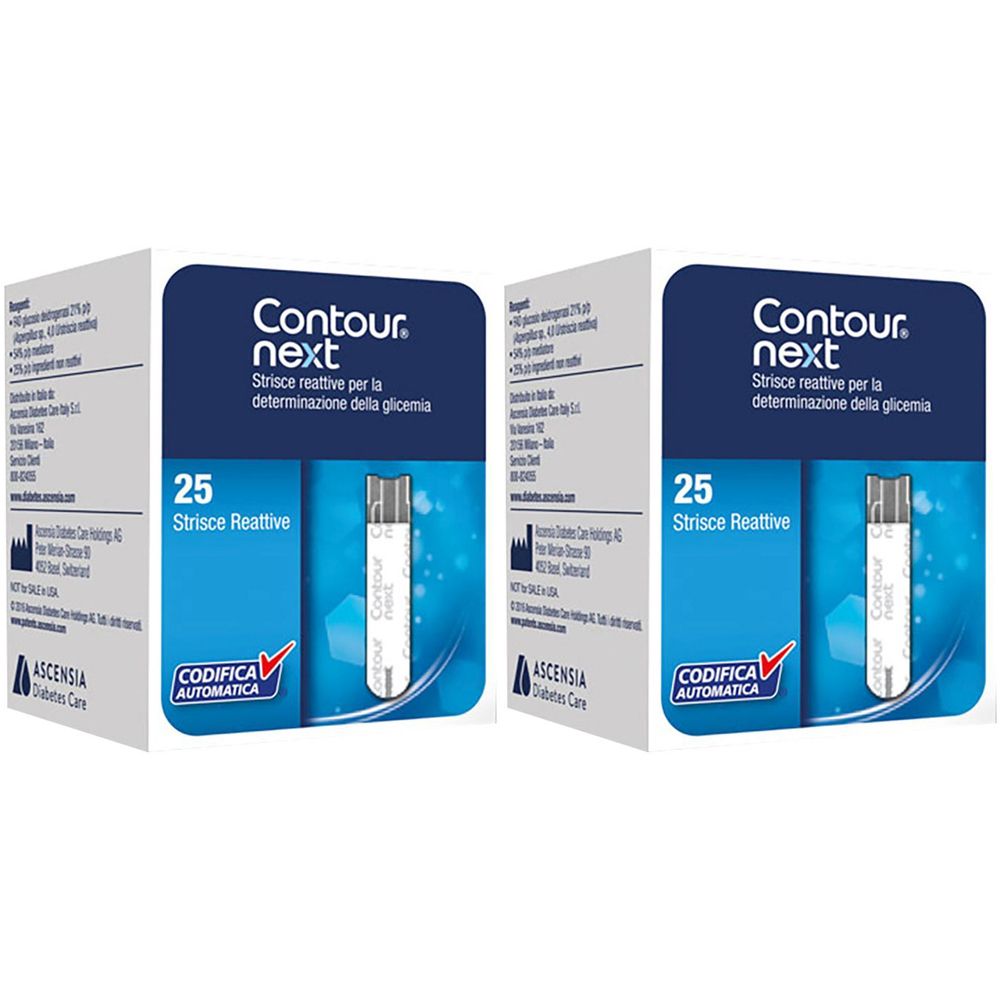 Due confezioni di strisce reattive Contour Next. Scritta: Contour Next, 25 Strisce Reattive. Codifica automatica.