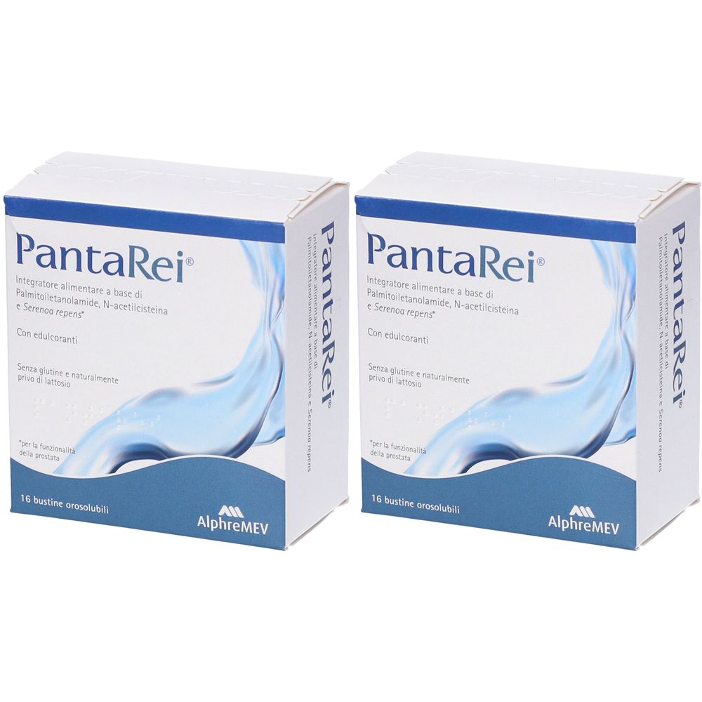 Due scatole bianche con design blu. Scritta "PantaRei". Contiene 16 bustine. Marchio AlphreMEV.