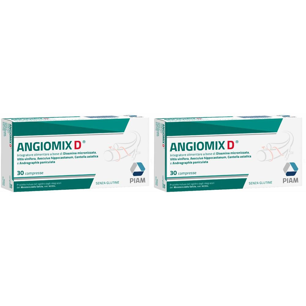 Due scatole di AngioMix D. Ogni scatola contiene 30 compresse. Scritte: PIAM, SENZA GLUTINE.
