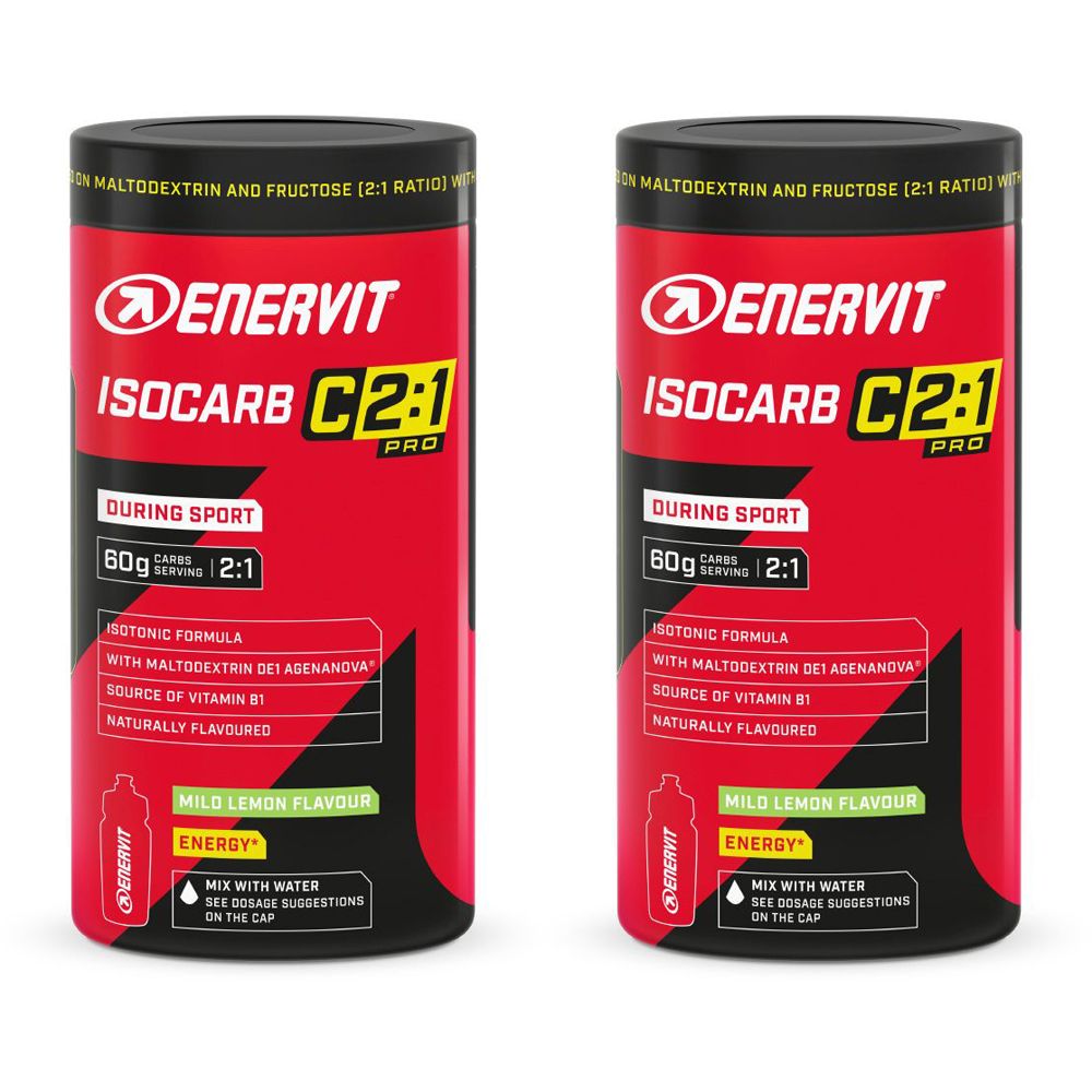 Due barattoli rossi con coperchi neri. Scritta: ENERVIT ISOCARB C2:1 PRO, 80g, 2:1. Mild Lemon Flavour. Formula isotonica.