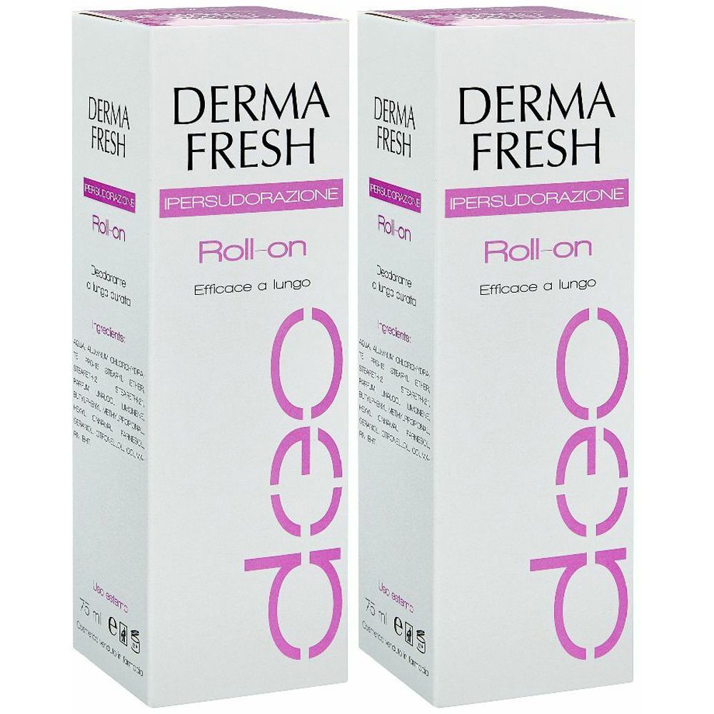 Due scatole bianche con testo rosa. Scritto: DERMA FRESH, Roll-on, Ipersudorazione. 75 ml.