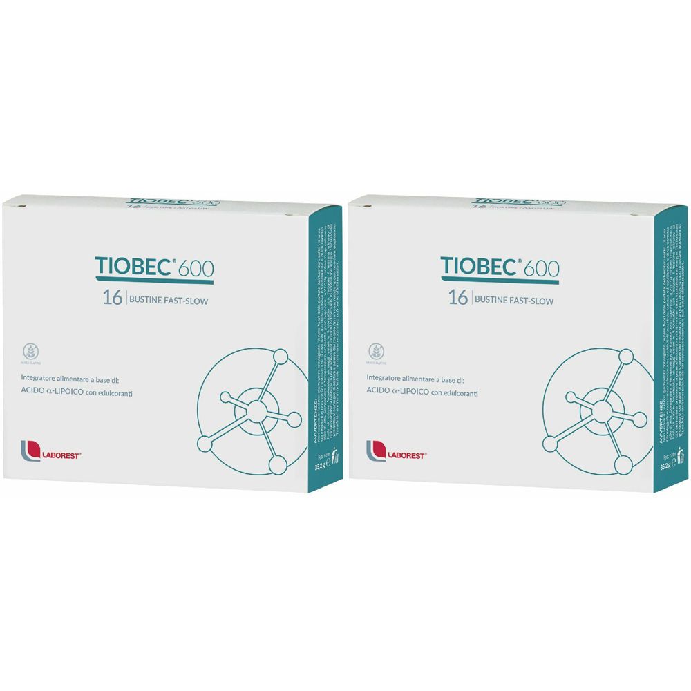 Due scatole bianche con dettagli blu. Scritta: TIOBEC 600, 16 Bustine Fast Slow. Logo e testo: LABOREST.