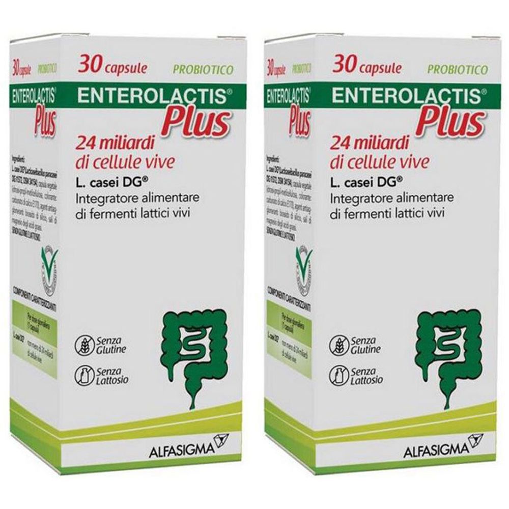 Due confezioni di Enterolactis Plus. Scritta: 30 capsule, probiotico, 24 miliardi di cellule vive, L. casei DG, senza glutine, senza lattosio.