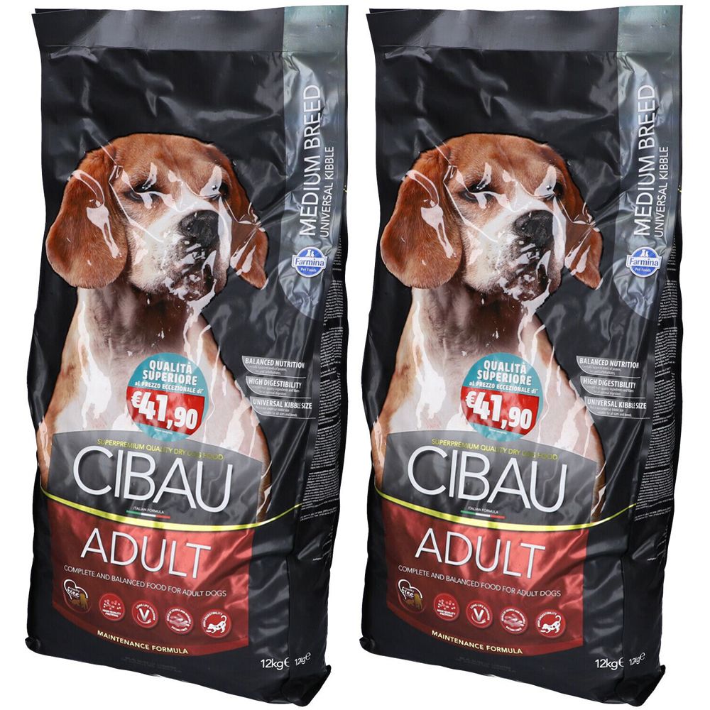 Due sacchi di cibo per cani. Scritta: Cibau Adult, prezzo €41,90. Scritta: Medium Breed, Universal Kibble.