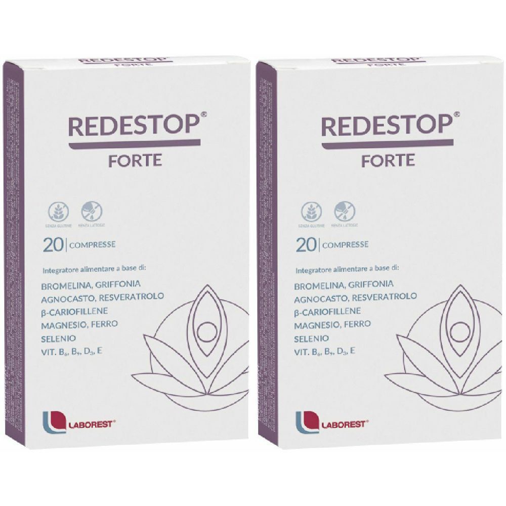Due confezioni REDESTOP FORTE. Ogni confezione contiene 20 compresse. Ingredienti e logo Laborest visibili sulla confezione.