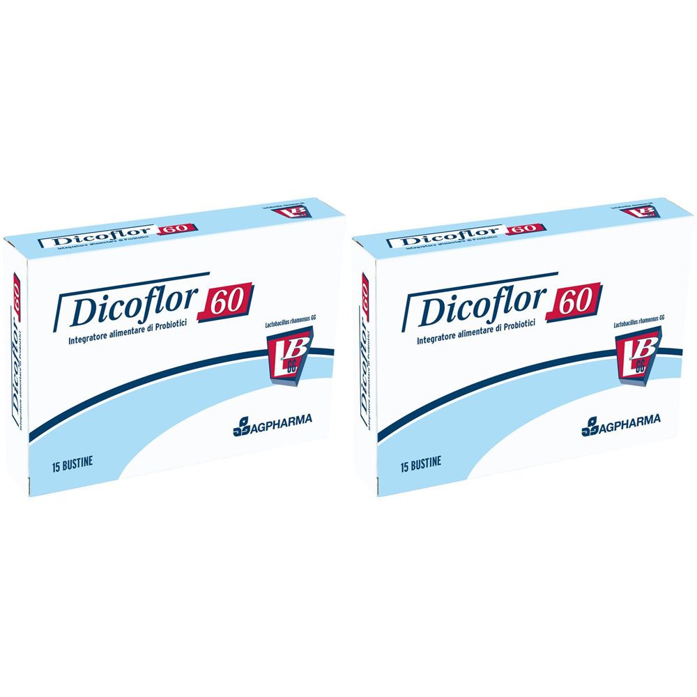 Due scatole di Dicoflor 60. Confezione bianca con arco blu e testo rosso. Scritto: Dicoflor 60, 15 bustine.