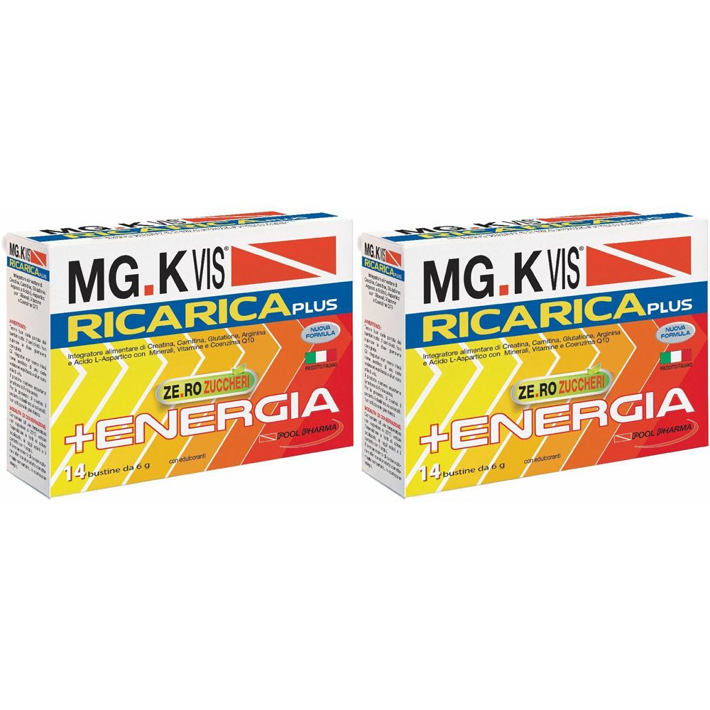 Due confezioni MG.K VIS RICARICA PLUS. Scatole bianche con elementi blu, gialli e rossi. Testo: +ENERGIA, ZERO ZUCCHERI.