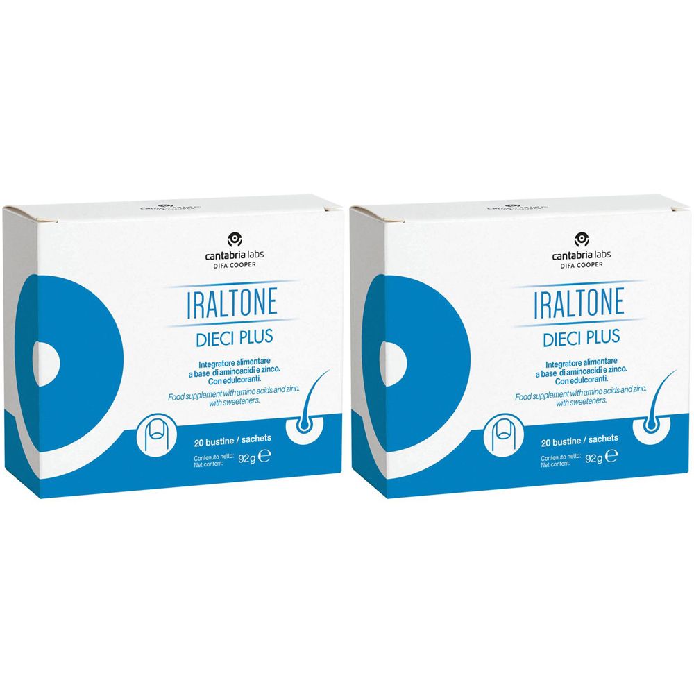 Due scatole bianche con grafica blu. Scritta: Iraltone Dieci Plus. Contiene 20 bustine. Marchio: Cantabria Labs.