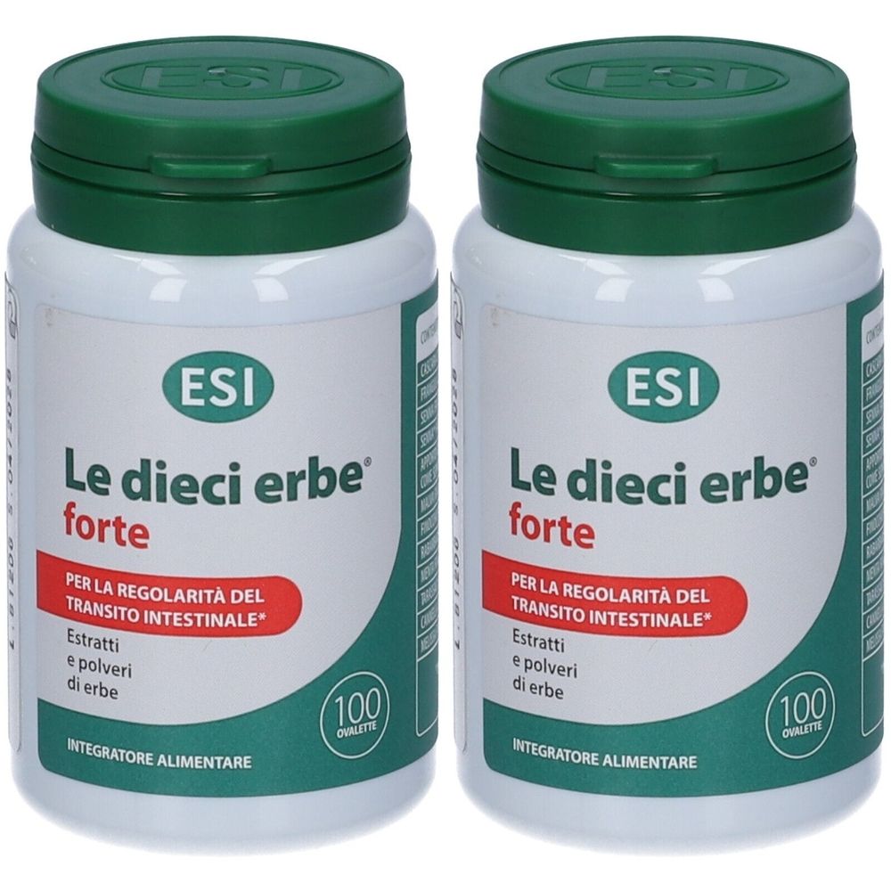 Due flaconi bianchi con tappi verdi. Scritta: Le dieci erbe forte, ESI. Per la regolarità intestinale. 100 compresse.