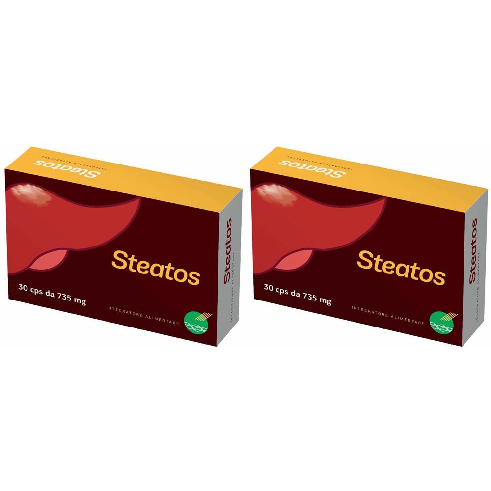 Due scatole con la scritta Steatos. Su ogni scatola c'è scritto "30 cps da 735 mg".