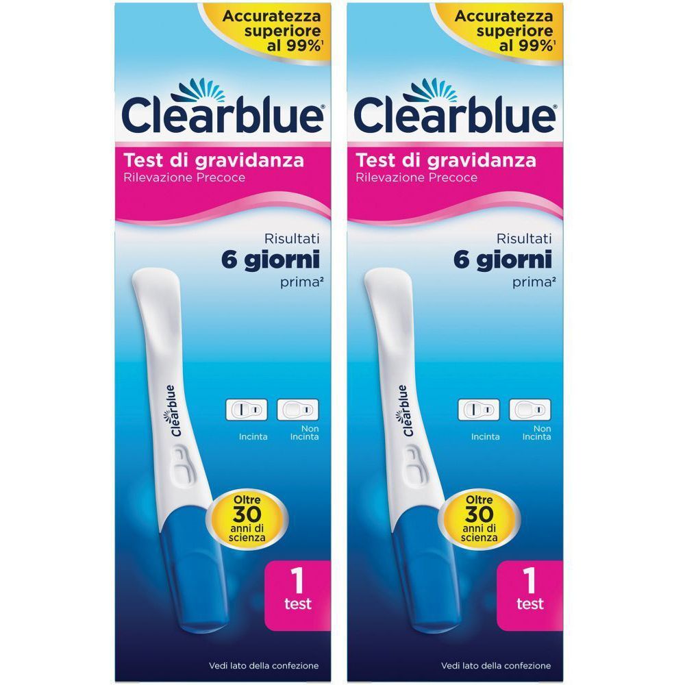Due confezioni di test di gravidanza. Strisce reattive blu e bianche. Testo: Clearblue, Test di gravidanza, 6 giorni prima.
