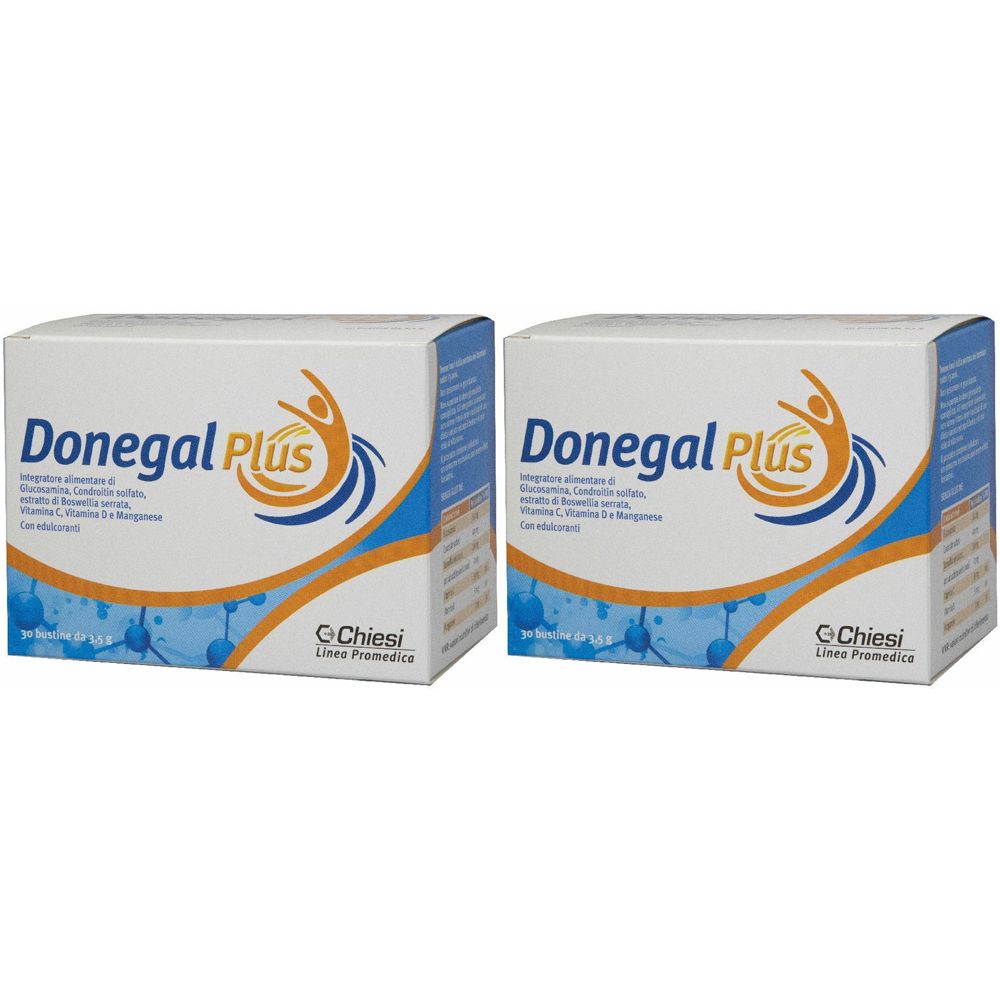 Due scatole bianche con logo "Donegal Plus" e informazioni sul prodotto. Elementi di design blu e arancioni.