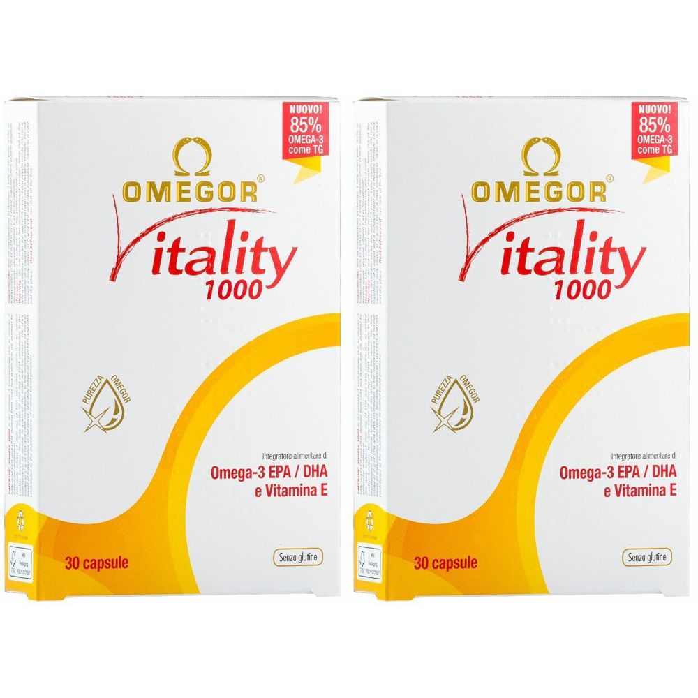Due scatole bianche di Omegor Vitality 1000. Scritta: Omega-3 EPA/DHA e Vitamina E. 30 capsule. 85% Omega-3.