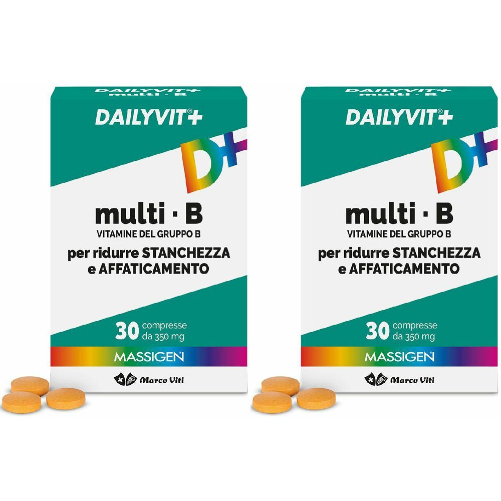Due confezioni di DailyVit+ multi B, compresse. Scritta: per ridurre stanchezza e affaticamento. Compresse arancioni davanti.