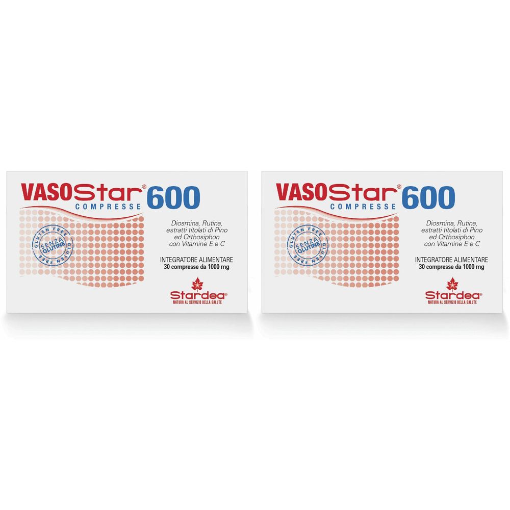 Due scatole bianche con scritto "VASOStar 600 COMPRESSE". Testo: "Integratore Alimentare 20 compresse da 1000 mg". Marchio: Stardea.