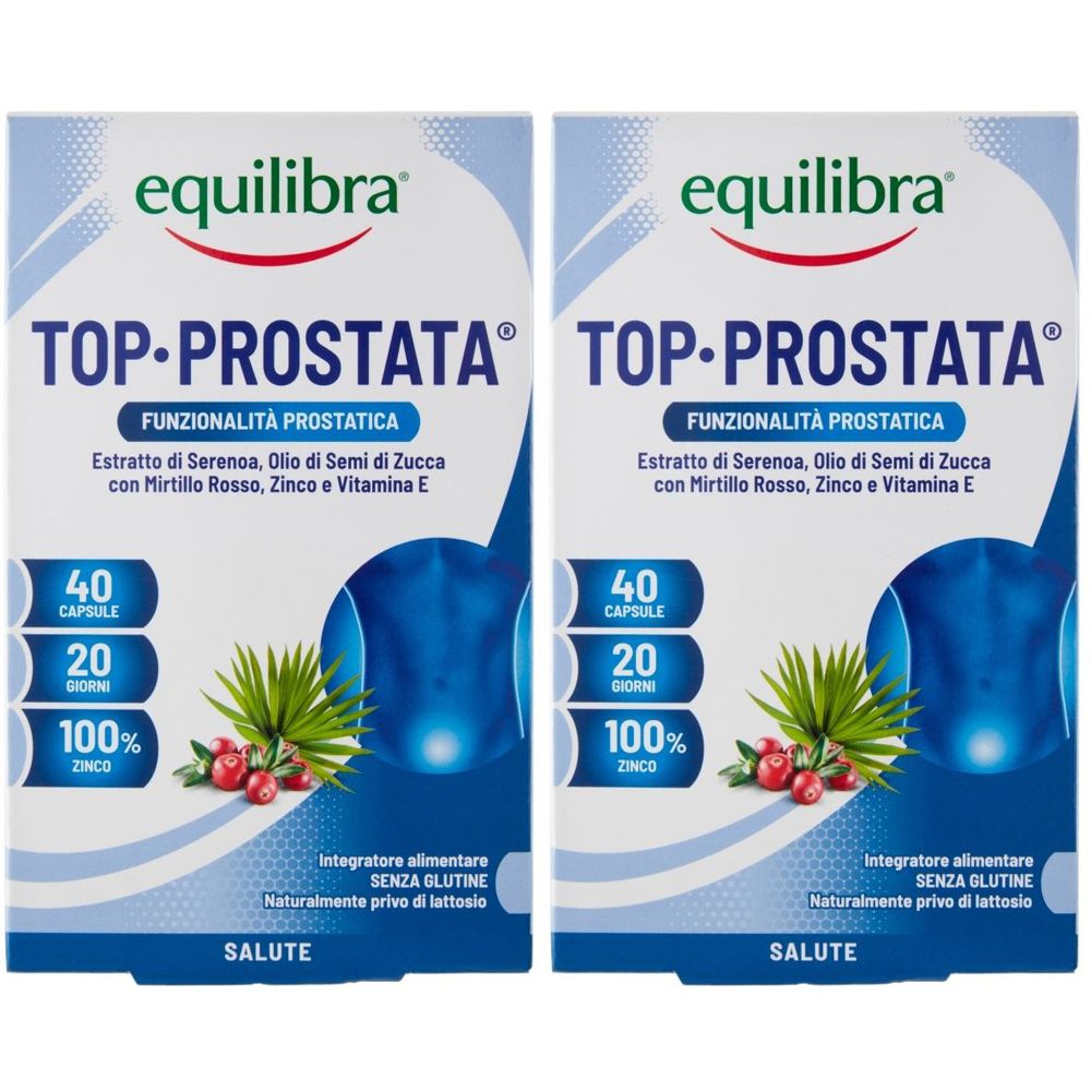 Due confezioni di Equilibra Top Prostata. Confezione blu e bianca con nome del prodotto e ingredienti. Contiene 40 capsule.