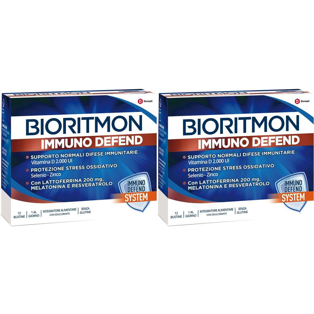 Due confezioni di Bioritmon Immuno Defend. Confezione blu con testo bianco. Contiene informazioni su ingredienti e funzioni.