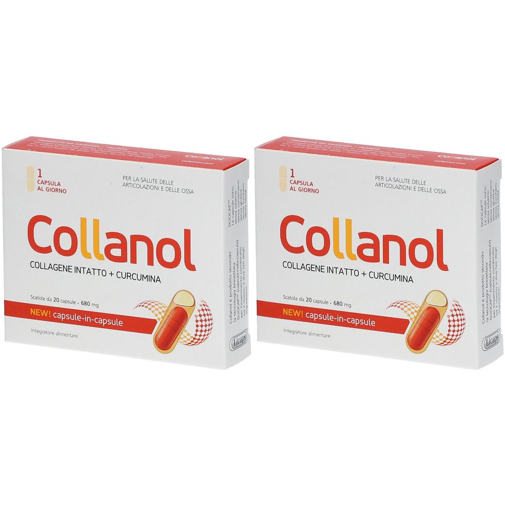 Due scatole bianche con scritta rossa "Collanol". Ogni scatola mostra una capsula. Testo: "COLLAGENE INTATTO + CURCUMINA".