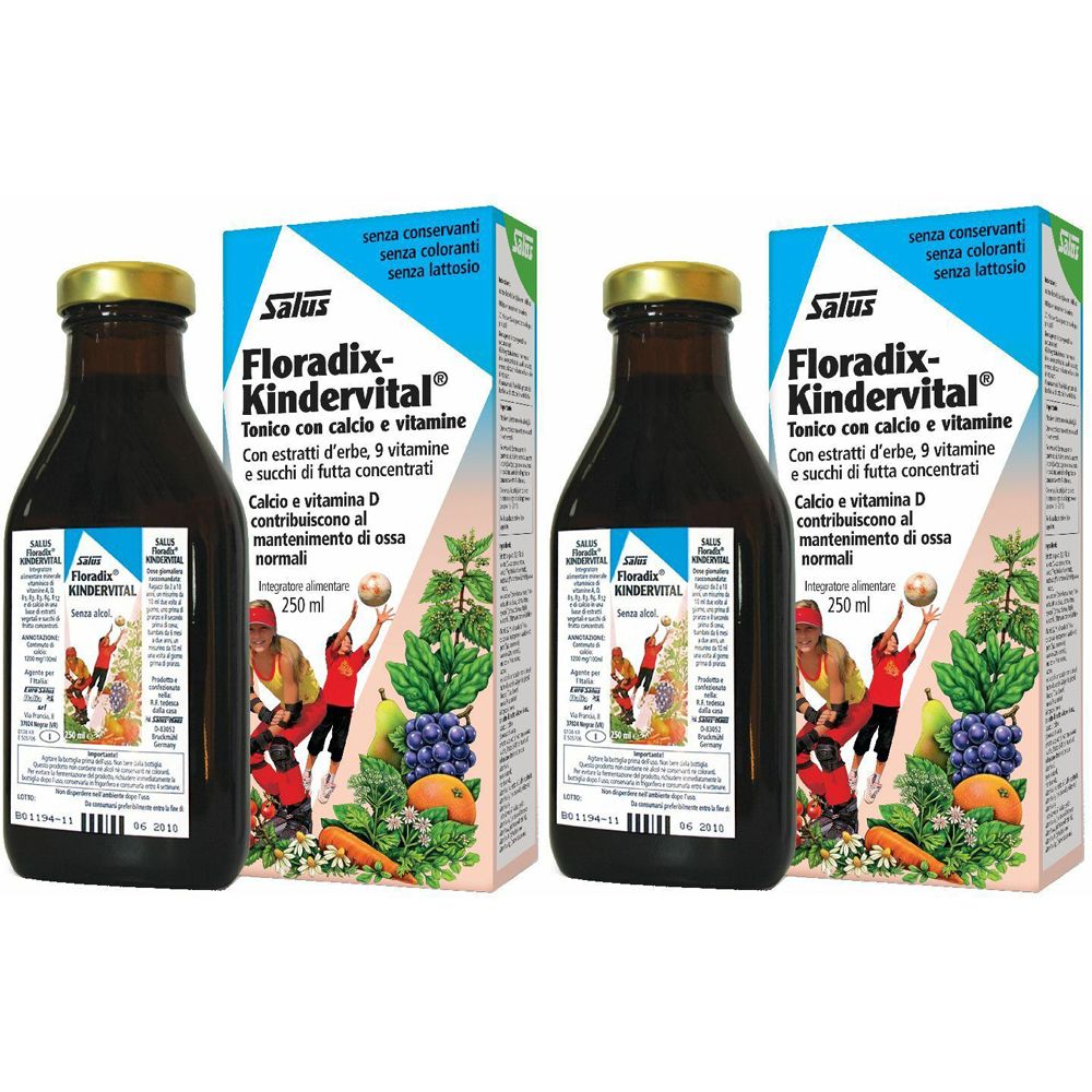 Due bottiglie e confezioni di Floradix-Kindervital. Bottiglie marroni con tappi dorati, circondate da scatole con informazioni sul prodotto.