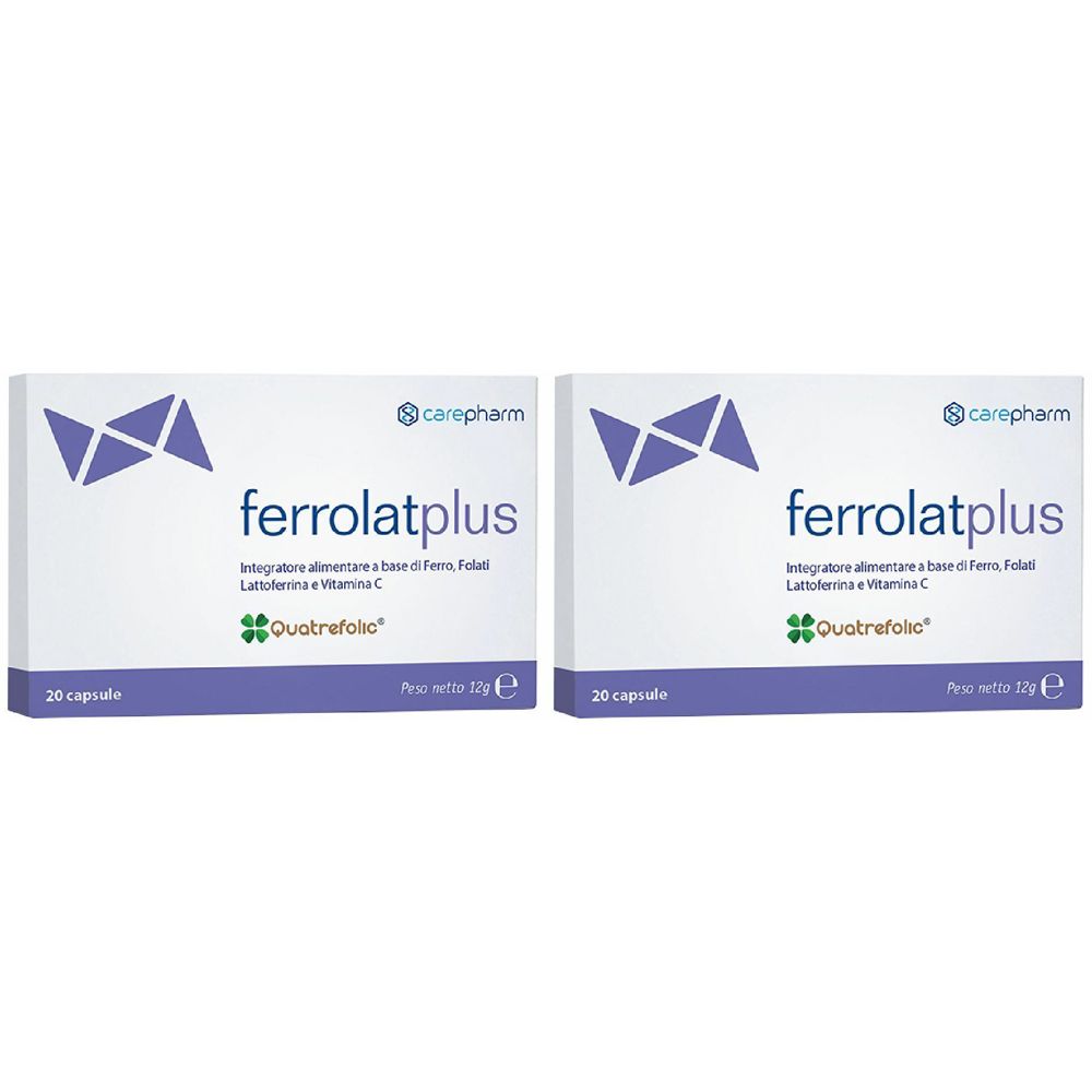 Due confezioni di Ferrolatplus. Confezione bianca con logo e testo viola. Contiene 20 capsule.