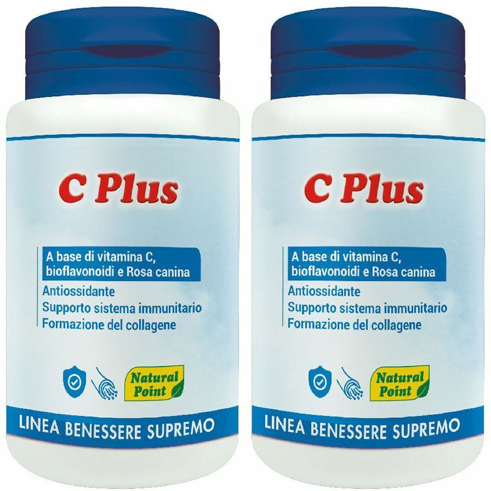 Due flaconi bianchi con tappi blu. Scritta "C Plus". Testo: "A base di vitamina C, bioflavonoidi e Rosa canina". Marchio: Natural Point.