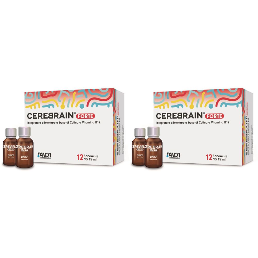Due confezioni di Cerebrain Forte. Ogni confezione contiene 12 flaconcini e alcune bottigliette. Testo: Cerebrain Forte.