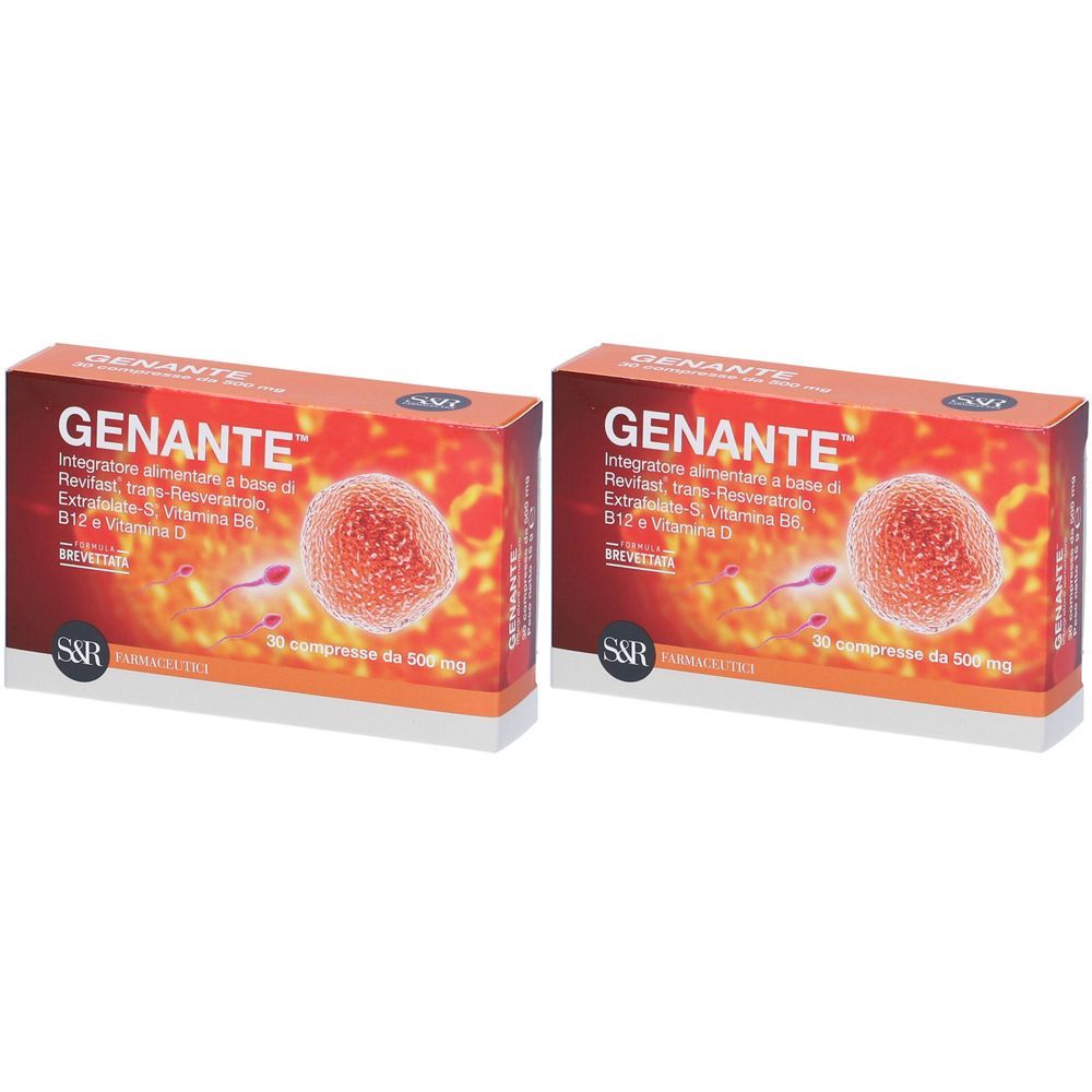 Due scatole GENANTE. Scritta: Integratore alimentare, 30 compresse da 500mg. Marchio S&R Farmaceutici.