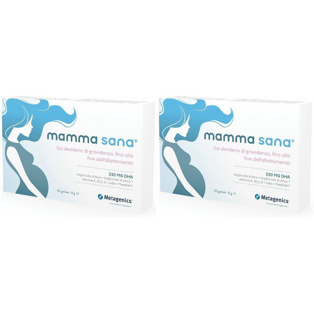 Due scatole bianche con la scritta « mamma sana ». Ogni scatola presenta una donna incinta. Testo: 250 mg DHA, Metagenics.