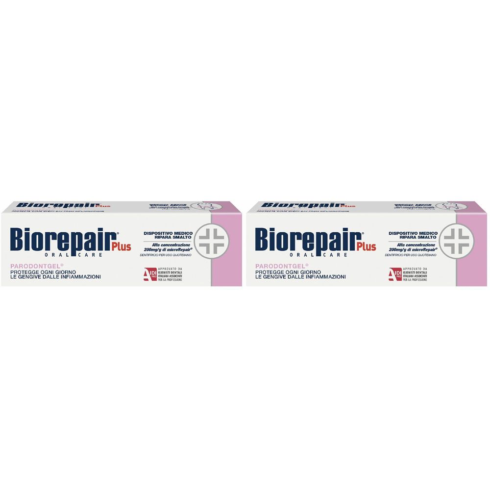 Due scatole bianche con dettagli rosa. Scritta: Biorepair Oral Care Plus Parodontgel. Dispositivo medico.
