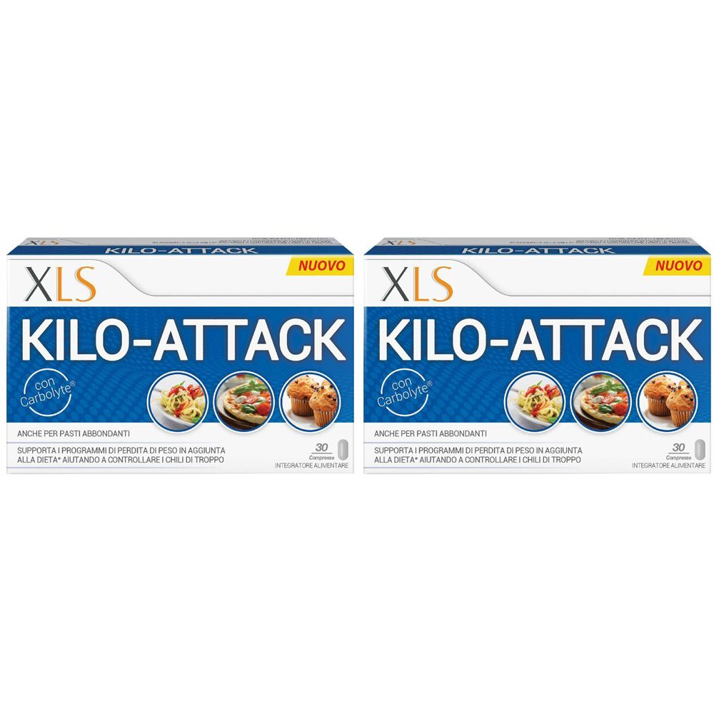 Due scatole con la scritta XLS Kilo-Attack. Su ogni scatola c'è la scritta « NUOVO » e immagini di cibo.