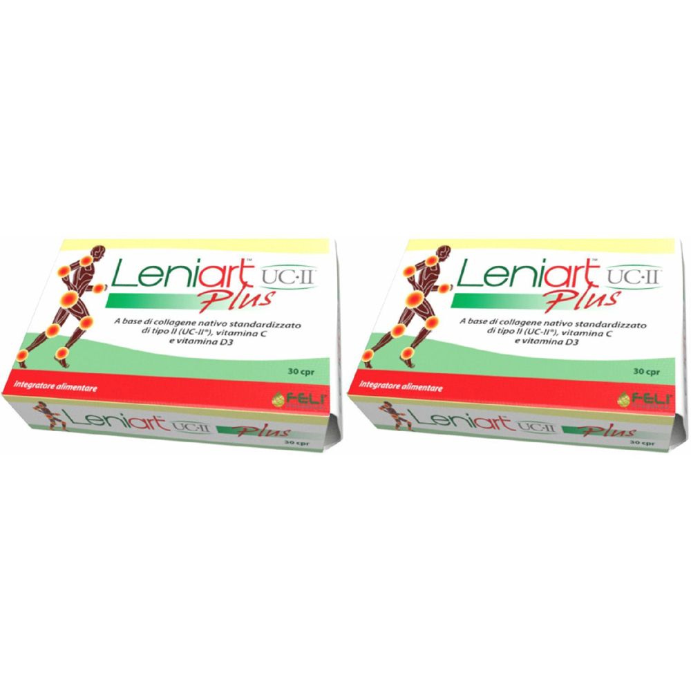 Due scatole di "Leniart Plus UC-II". Scritte con informazioni sugli ingredienti e 30 capsule.