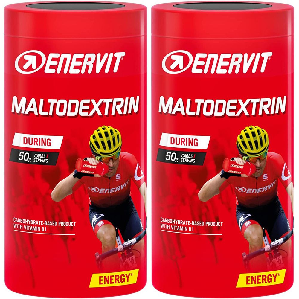Due barattoli rossi ENERVIT Maltodestrine. Immagine ciclista. Scritta: 50g carboidrati. Prodotto a base di carboidrati con vitamina B1.