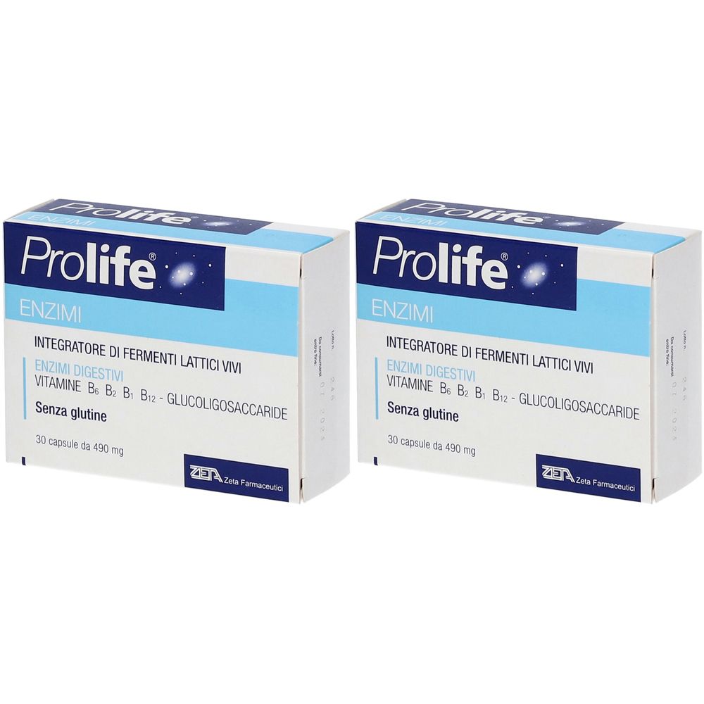 Due scatole Prolife Enzimi. Scritte: Integratore di fermenti lattici vivi, Vitamine B, B, B, B, Glucoligosaccaride, Senza glutine.