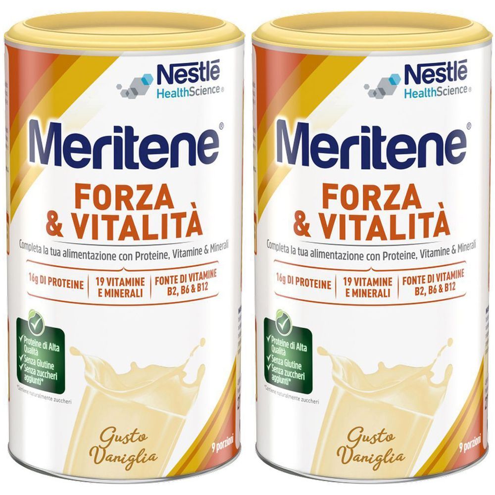 Due barattoli di Meritene, gusto vaniglia. Scritta: Forza & Vitalità, Nestle HealthScience. Contiene proteine, vitamine e minerali.