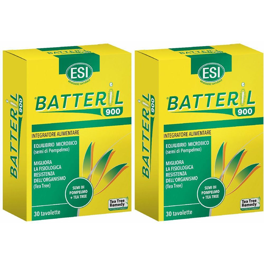 Due scatole gialle con scritto "BATTERIL 900". Testo: "Integratore Alimentare". Contiene 30 compresse. Marchio: ESI.