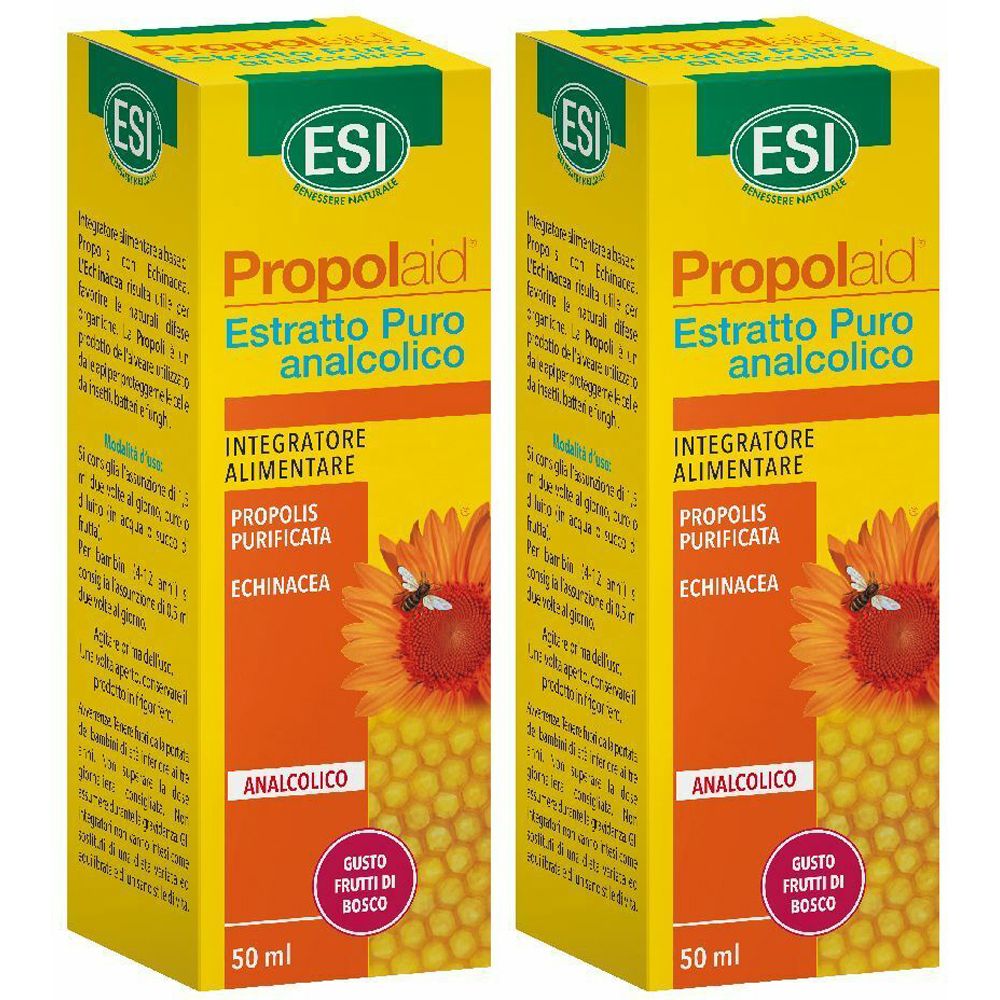 Due scatole gialle. Scritta: ESI, Propolaid, Estratto Puro analcolico. Con informazioni e 50 ml.