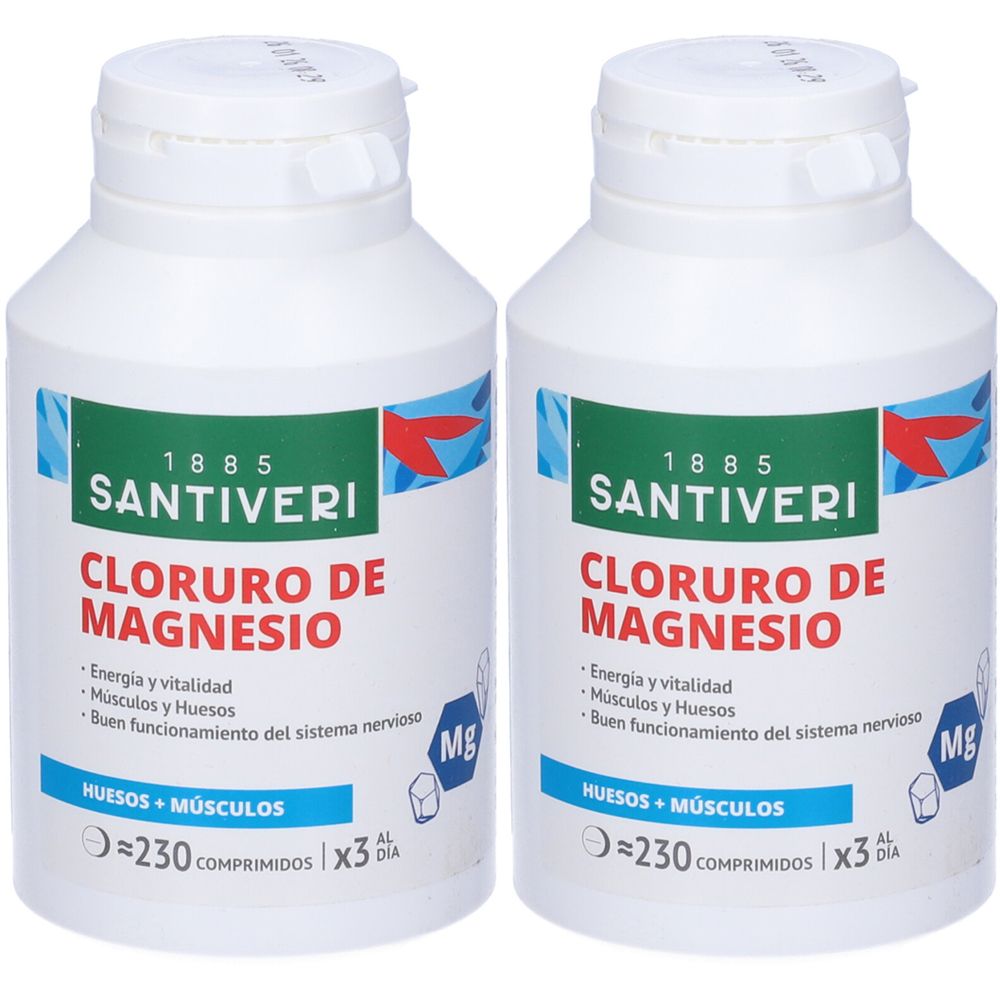 Due flaconi bianchi con etichette. Le etichette riportano "Santiveri Cloruro de Magnesio".