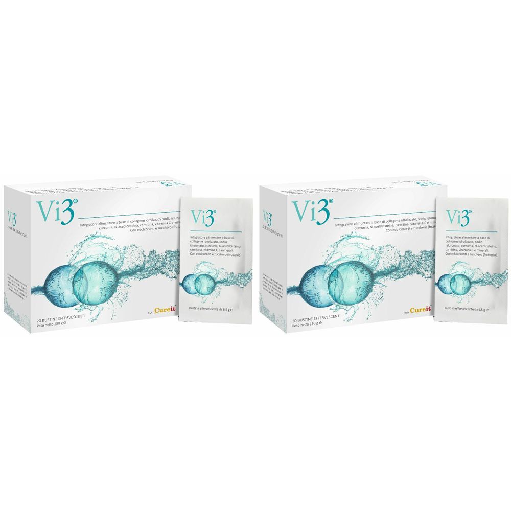 Due confezioni di FB Vision Vi3® Set da 2. Ogni confezione contiene una scatola e una bustina. Sulla scatola, il nome Vi3® e un design acquatico.